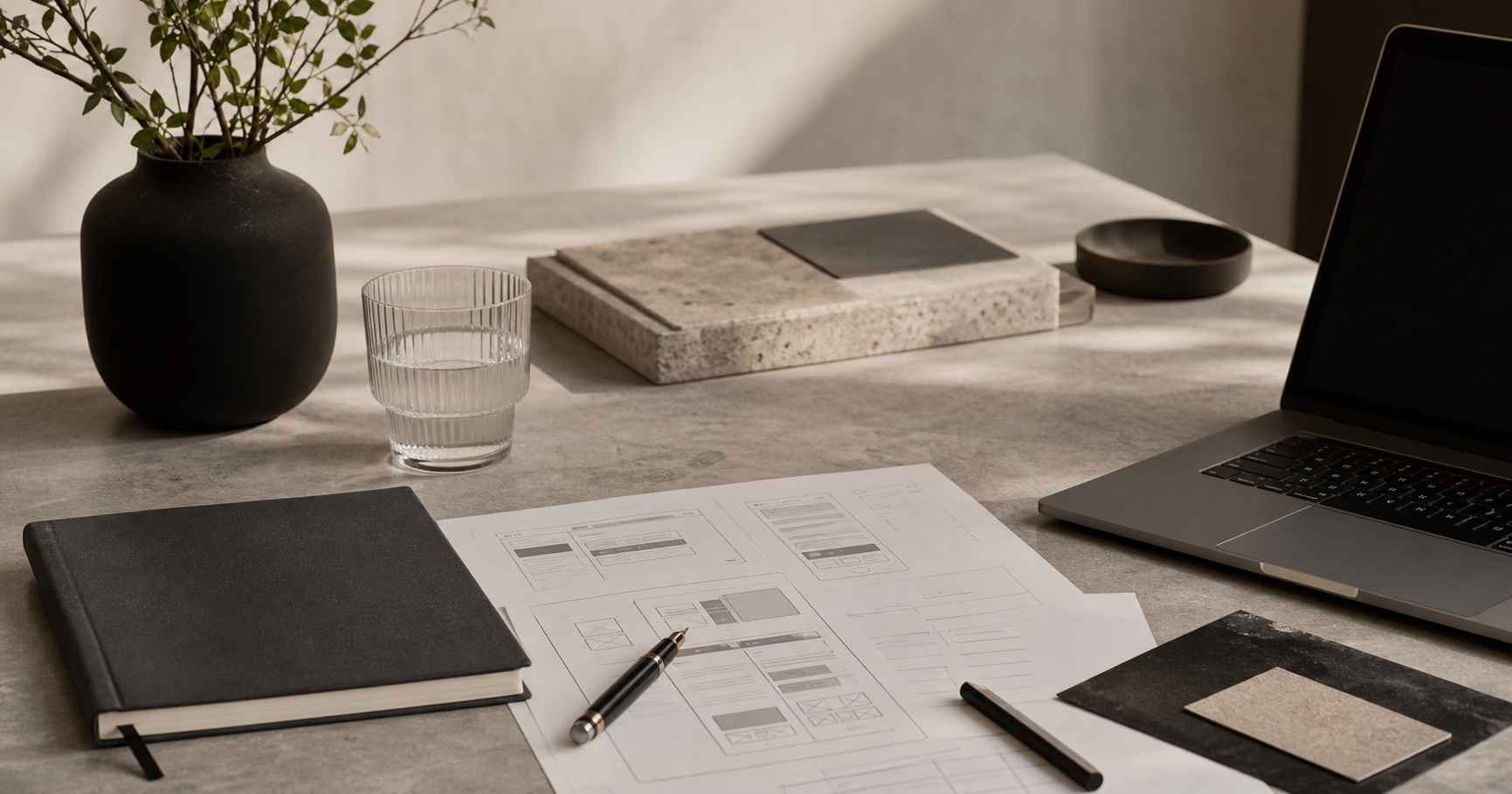 Editorial still life of strategy materials, a notebook, and product wireframes on a neutral desk.